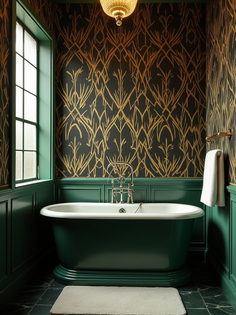 Vintage bathroom interior featuring Art Deco geometric patterned wallpaper with elegant black, gold, and emerald tones and polished chrome fixtures