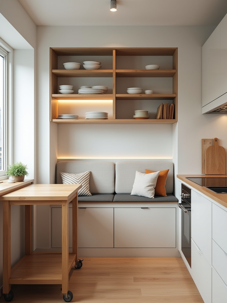 Vertical photo of compact apartment kitchen with rolling island, drop-leaf wall table, and lift-top storage bench showcasing multifunctional furniture