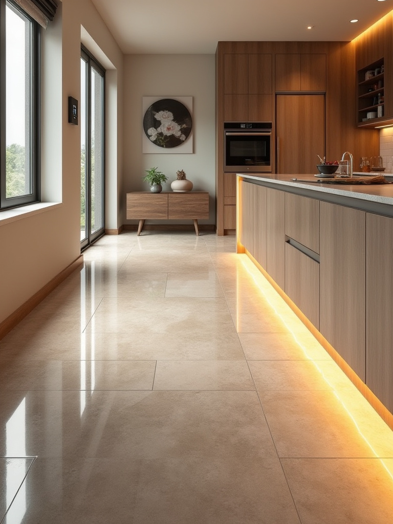 Warm tiled kitchen floor with radiant heating glow under tiles in a modern kitchen