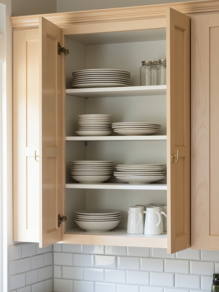 Open kitchen cabinet with shelf risers and tiered organizers neatly storing plates, bowls, mugs, spices, and cans