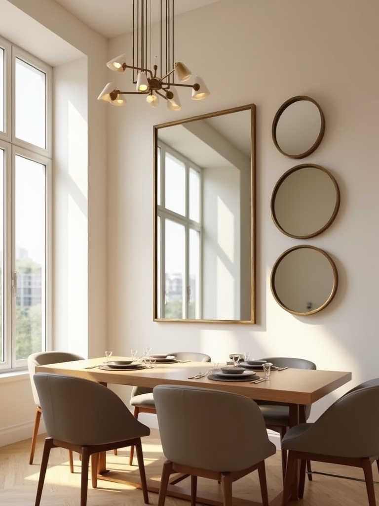 Vertical dining room scene featuring a wall of decorative mirrors reflecting warm light, wood table, and chandelier.