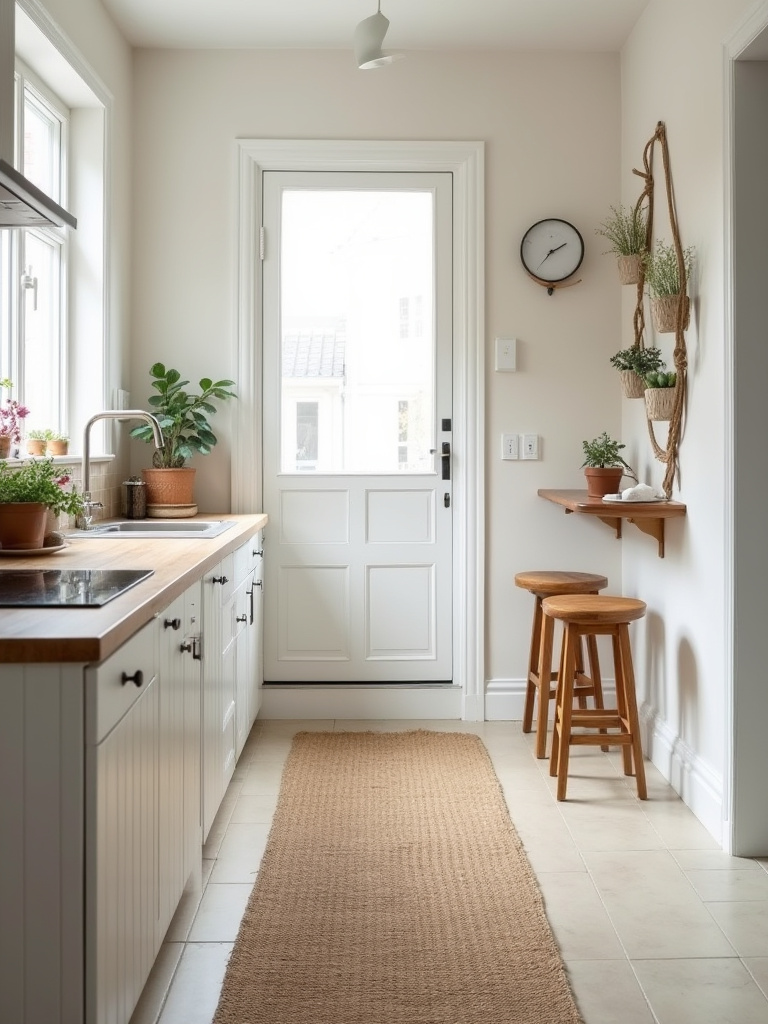 Apartment kitchen with patterned runner and round jute rug defining cooking and breakfast zones