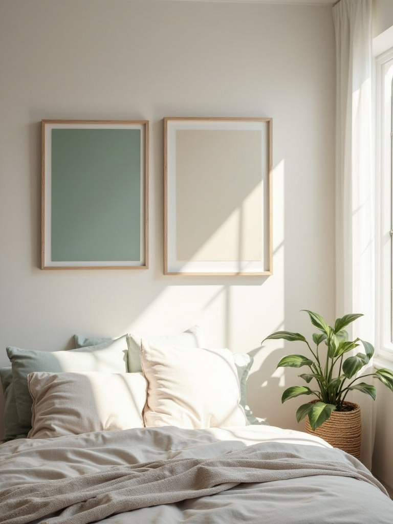 Portrait photo of a bedroom gallery wall with unified core color palette artwork in soft neutrals, muted greens, and blues