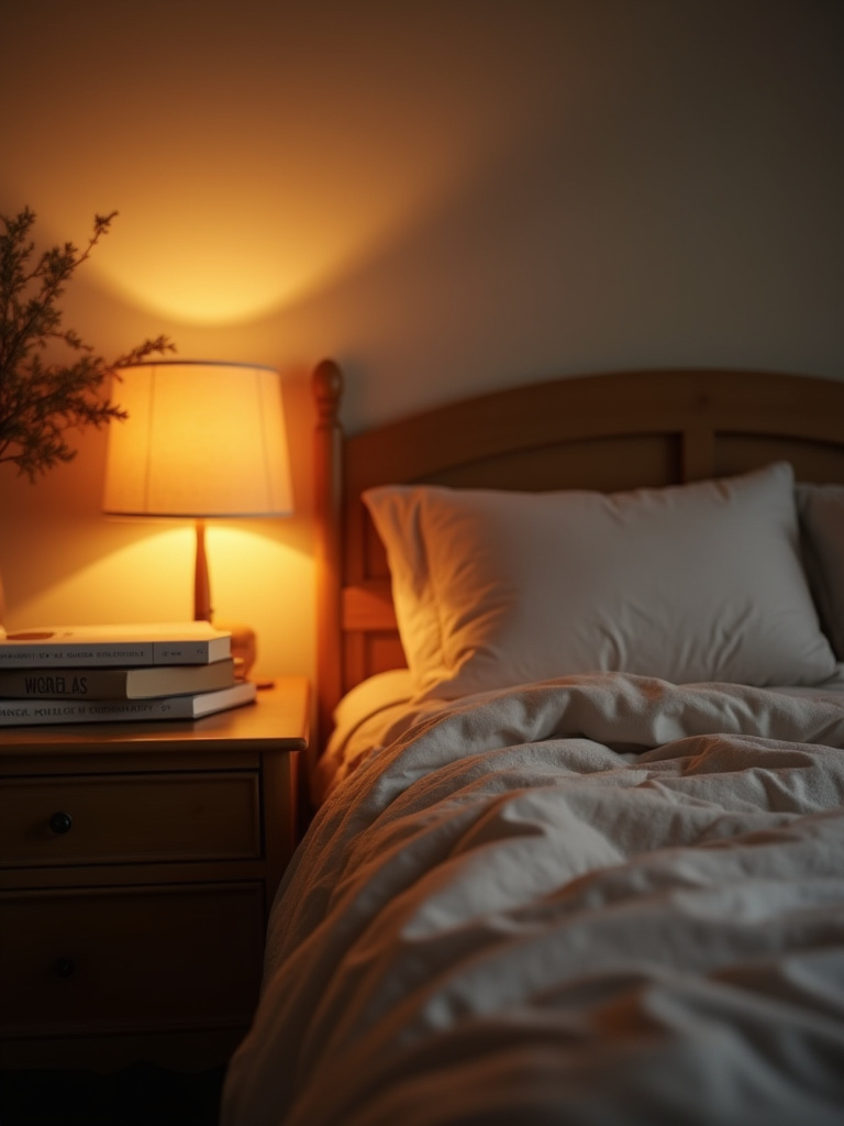 Cozy bedroom with warm lighting showing a screen-free zone including books and a journal on a nightstand, no electronic devices in sight.