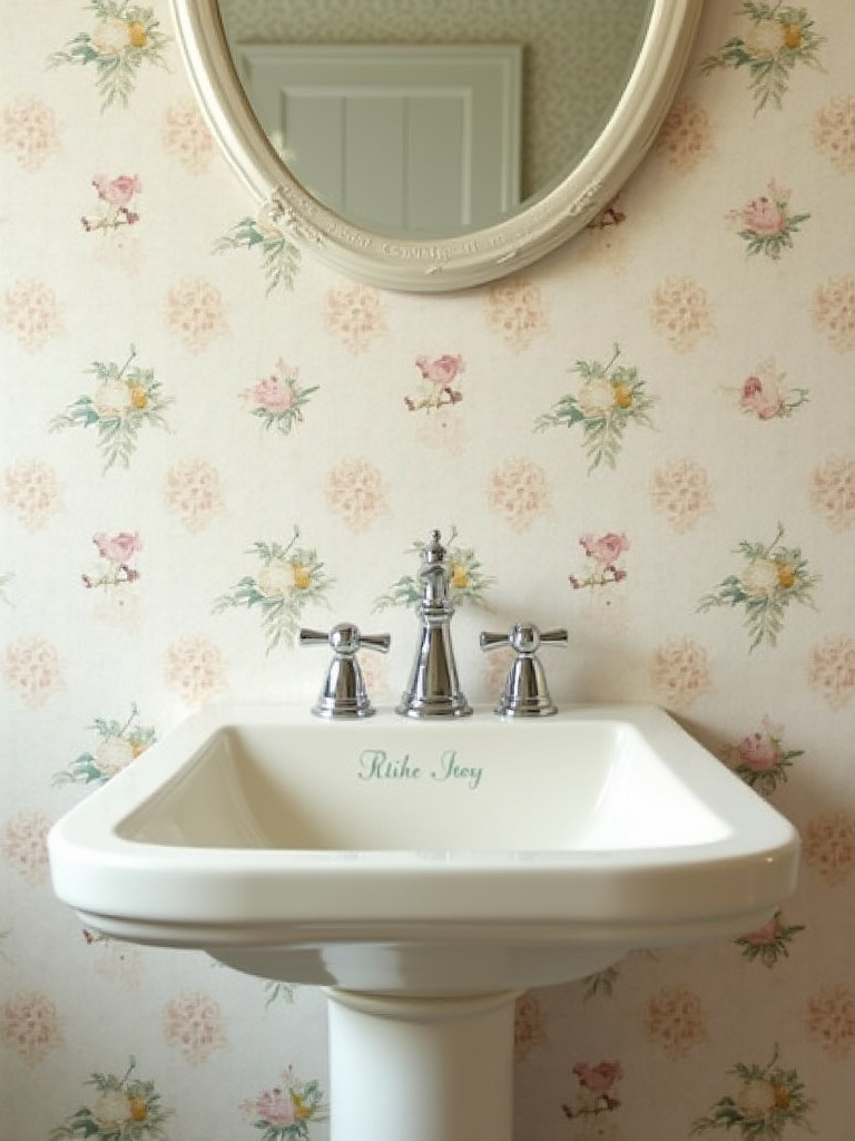 Vintage bathroom wallpaper with complementary ceramic sink and polished chrome hardware in soft natural light
