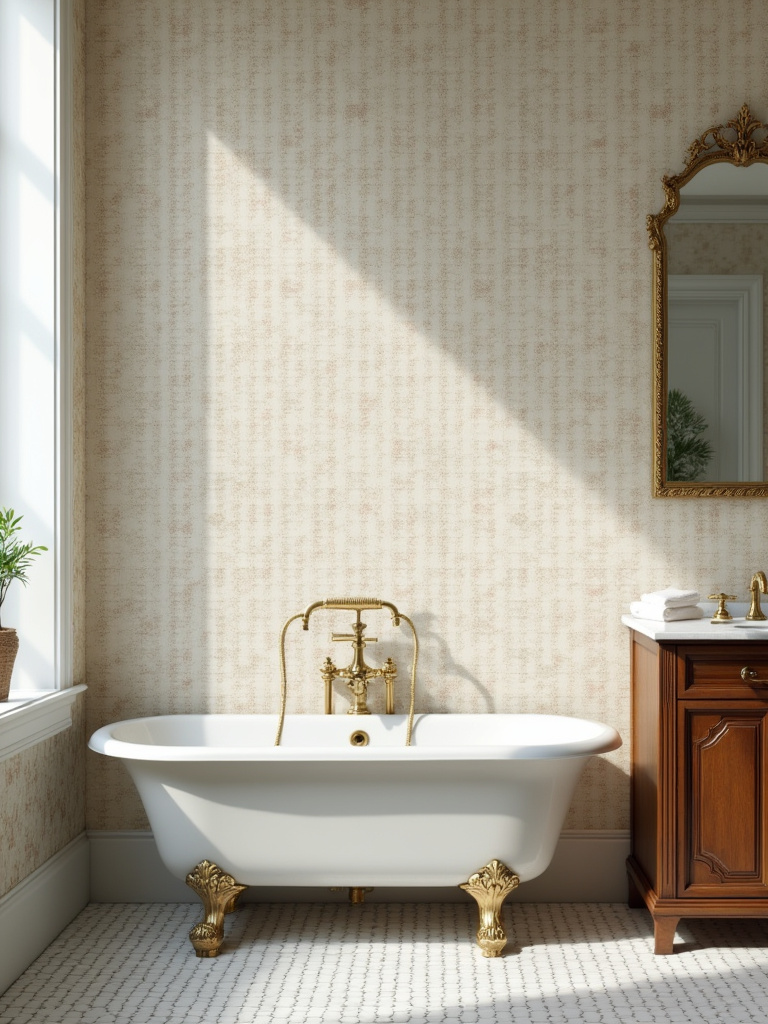 Vintage bathroom interior with removable peel-and-stick floral wallpaper, clawfoot tub, and vintage vanity