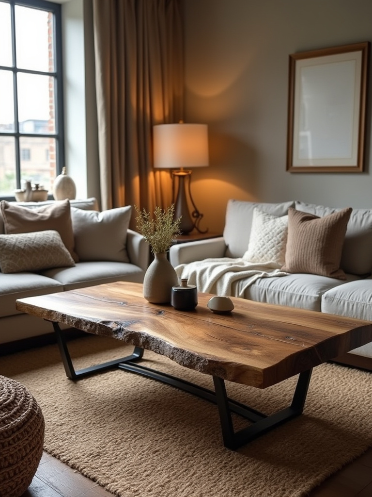 Vertical portrait shot of a rustic living room with a reclaimed wood coffee table, warm textures, natural light, no people.