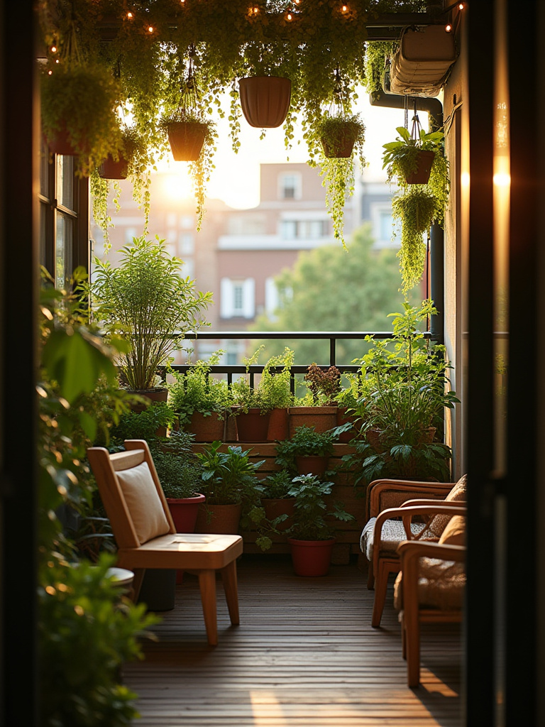 Vertical portrait of a balcony transformed into an Urban Jungle Oasis with cohesive decor