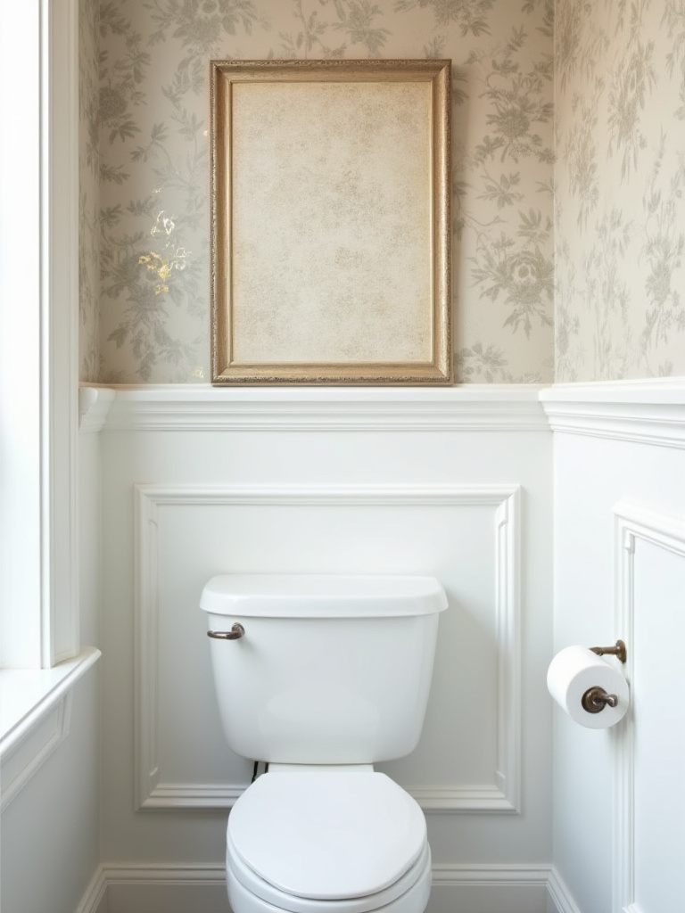 Vintage bathroom wallpaper framed as a faux panel accent wall with white molding in a minimalist bathroom