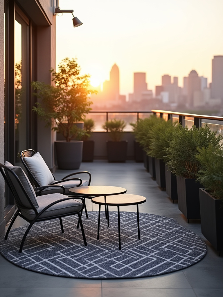 Vertical balcony scene with layered outdoor rugs defining a lounging zone, seating and greenery