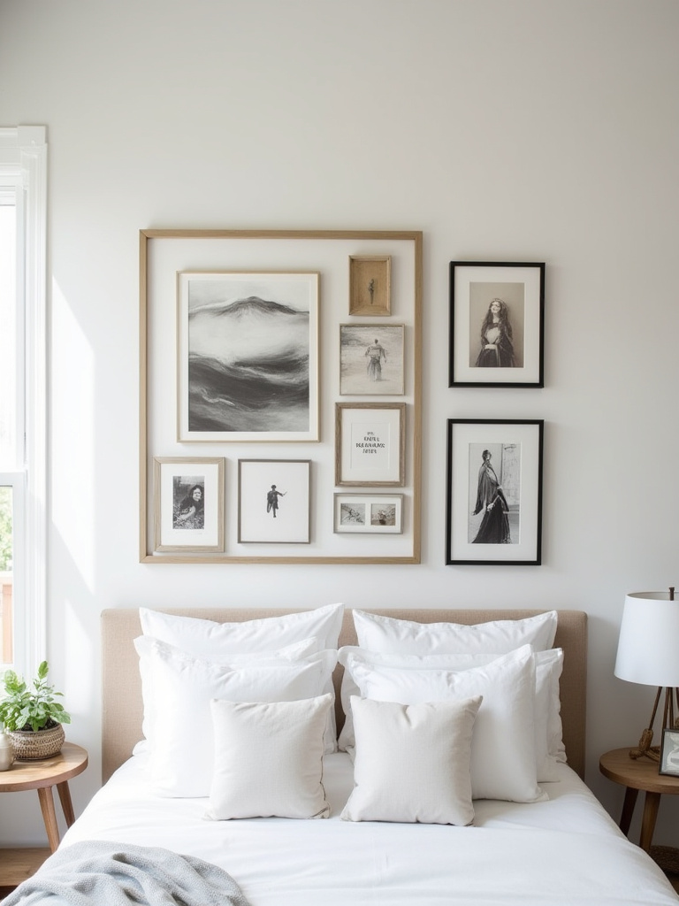 Bedroom gallery wall featuring a cohesive group of smaller framed artworks arranged above a bed in a minimalist setting
