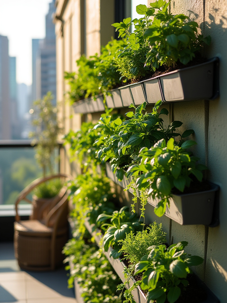 Portrait balcony with a wall-mounted vertical planter wall and lush greenery