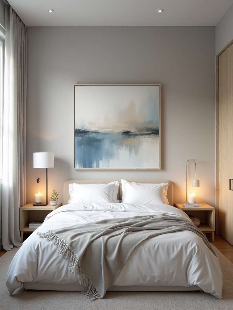 Bedroom interior with a large abstract artwork above the bed matching the soft grey, white, and light wood color scheme