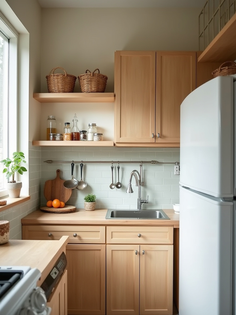 Rental kitchen portrait view showing floating shelves above cabinets, magnetic knife strip, stacked cabinet risers and organized top-of-fridge baskets to maximize vertical storage.