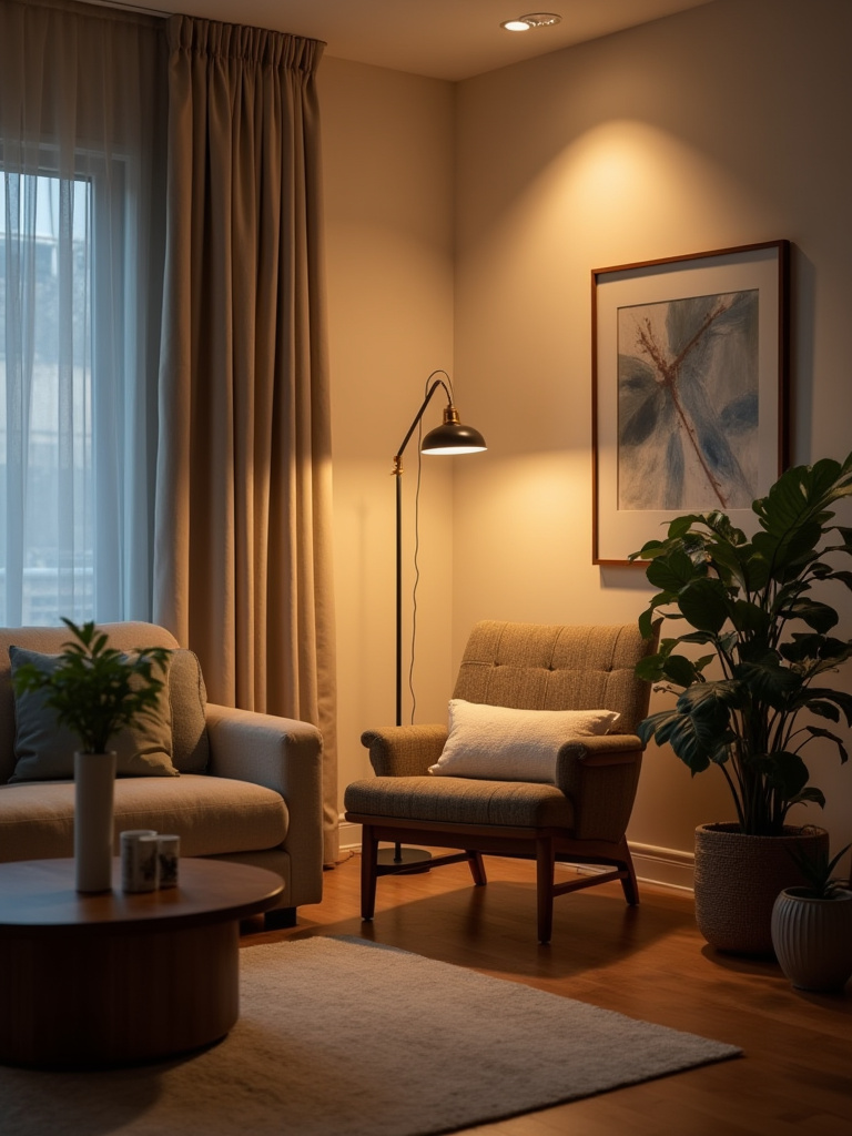 Living room interior with layered lighting including ambient, task, and accent lights creating a warm, flexible mood setting