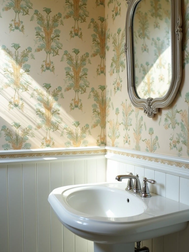 Close-up portrait of vibrant, pristine vintage bathroom wallpaper showcasing intricate patterns under natural light with clean surroundings