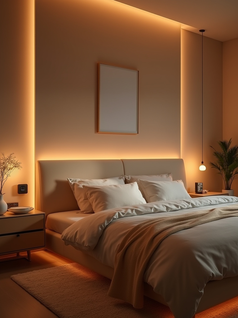Cozy modern bedroom featuring smart home ambiance controls with warm dimmable lighting and smart devices for seamless relaxation