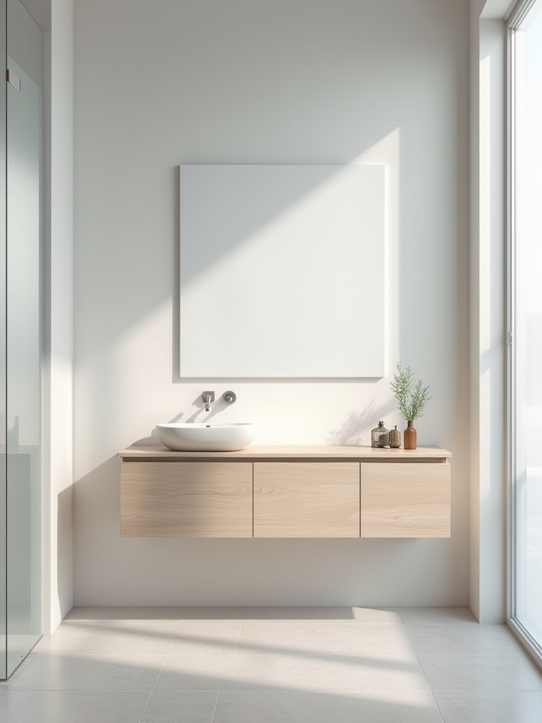 Modern small bathroom with sleek floating vanity and open floor space beneath
