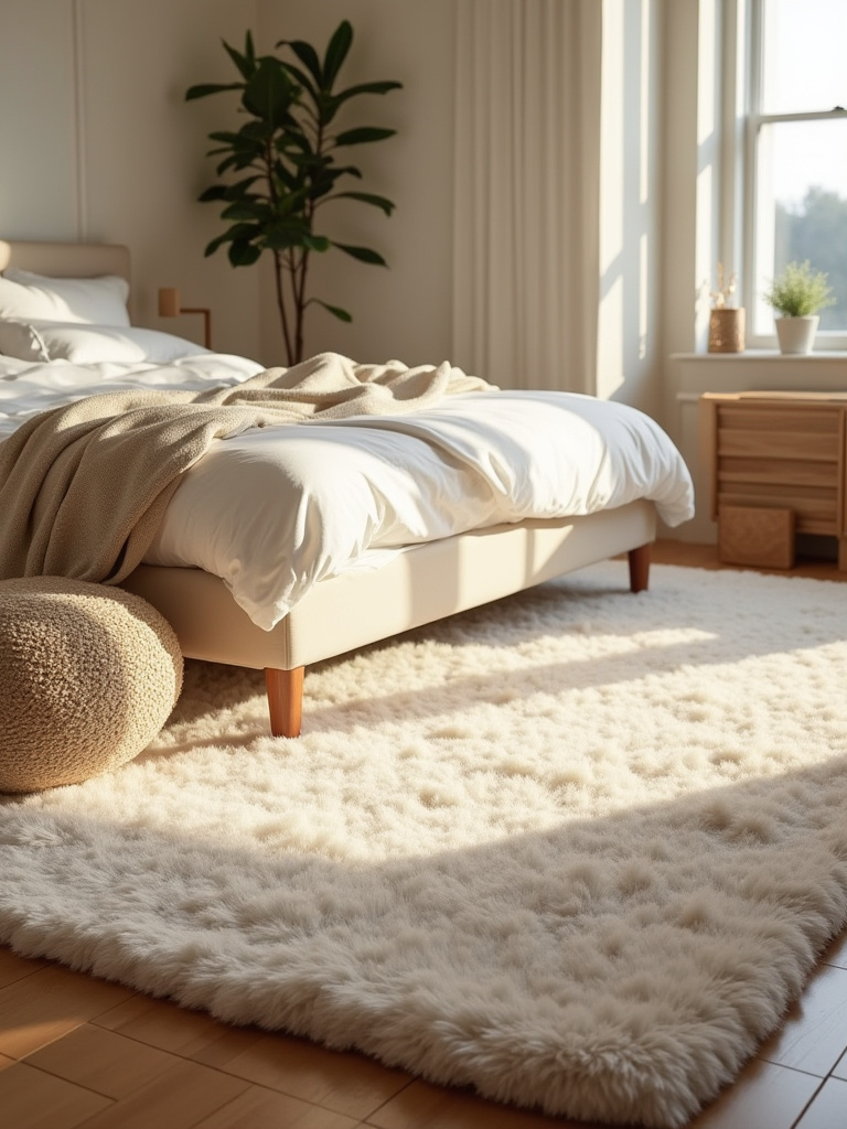 Cozy bedroom with a queen bed on a large plush area rug providing warmth and comfort