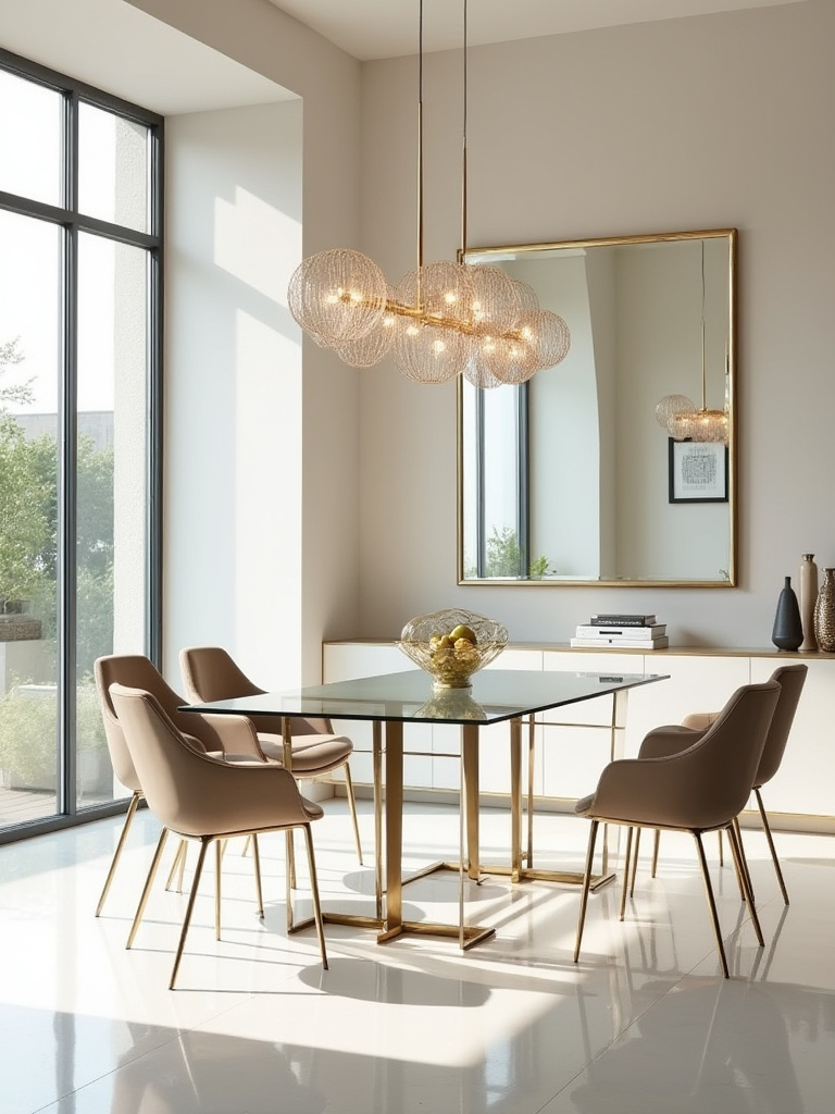Dining room showcasing reflective surfaces, including a large wall mirror, glass table, and polished metal accents to amplify light.