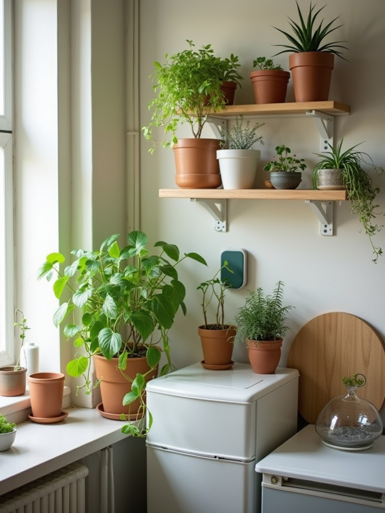 Portrait photo of a rental kitchen with small indoor plants on a windowsill, floating shelf, and fridge top