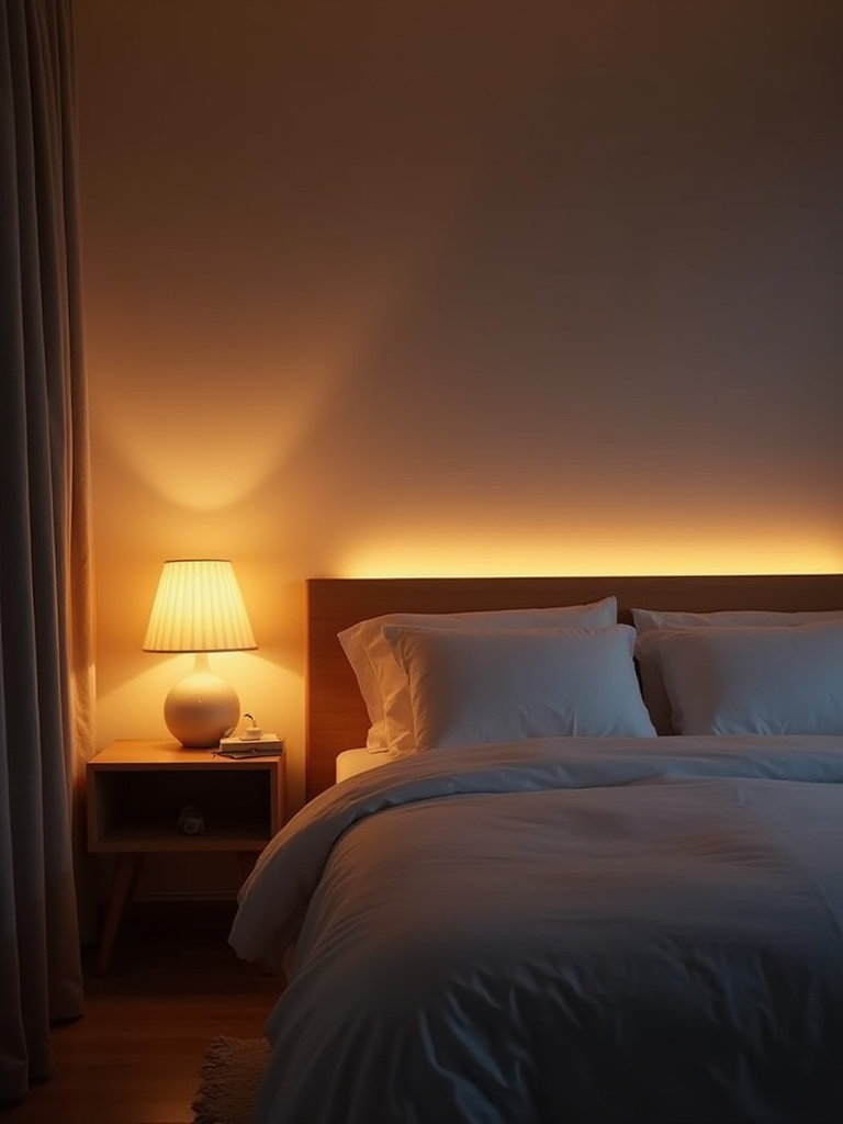 Cozy bedroom with soft ambient accent lighting from bedside lamp and LED strip lights behind headboard