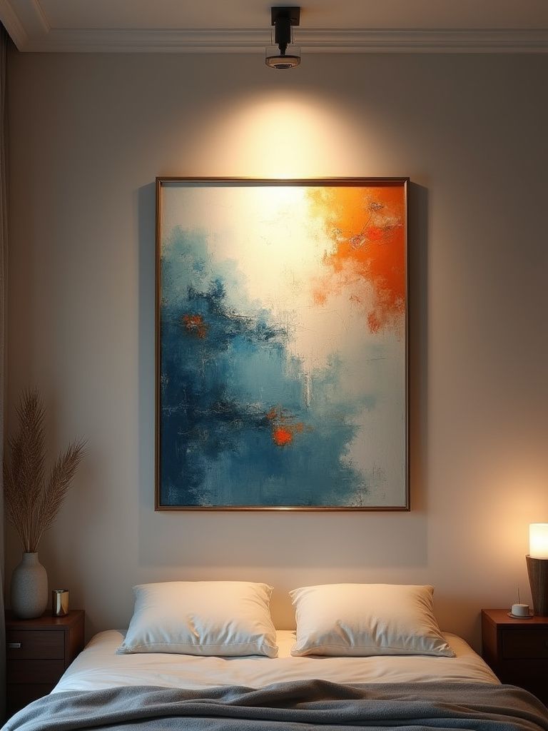 Modern bedroom with abstract art illuminated by warm, strategic spotlight lighting at a 35-degree angle, showcasing vibrant colors and textures with no people in the scene