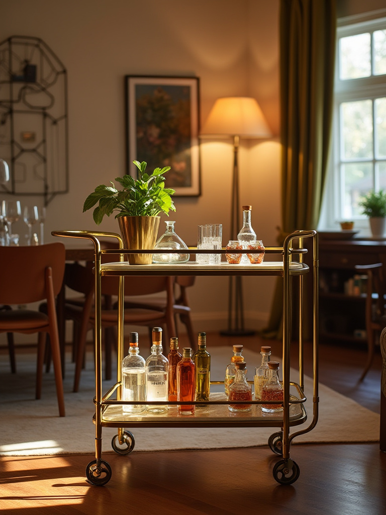 Portrait view of a stylish bar cart setup in a dining room with warm lighting and decor.