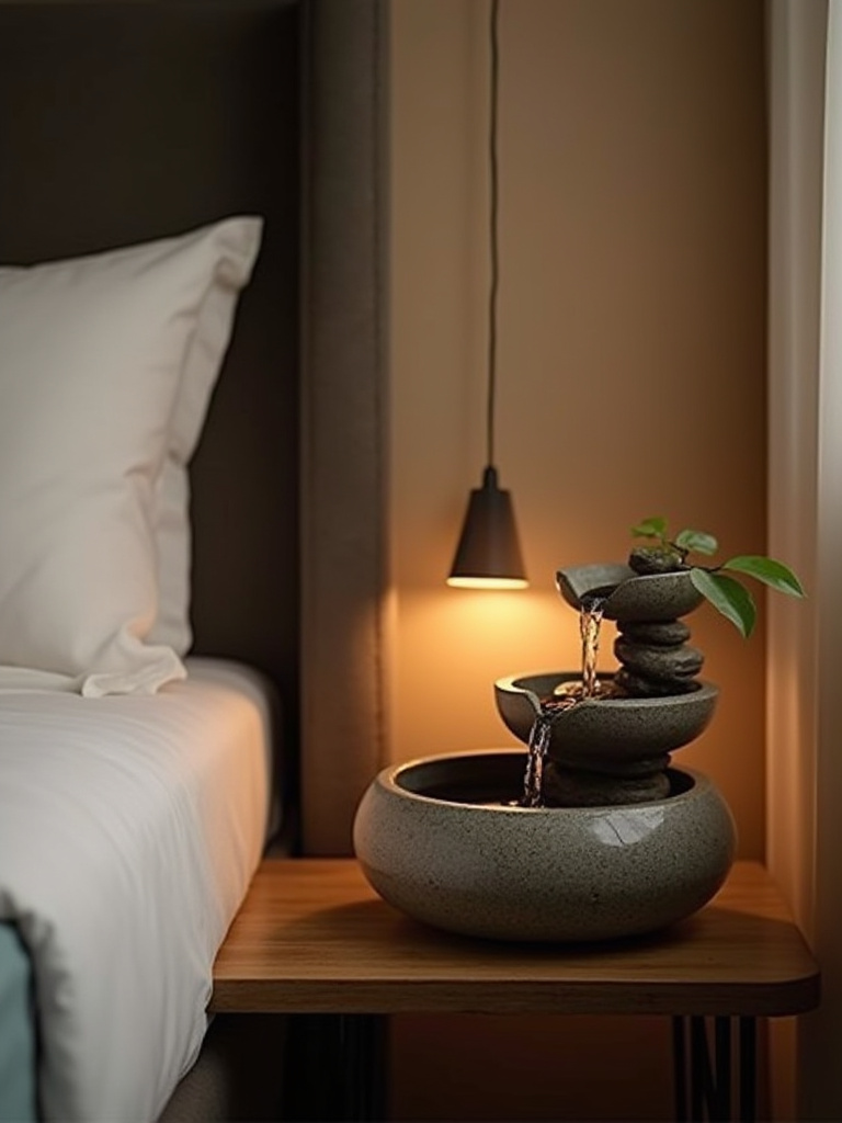 Cozy bedroom corner with a small indoor tabletop water fountain emitting gentle water flow for auditory relaxation
