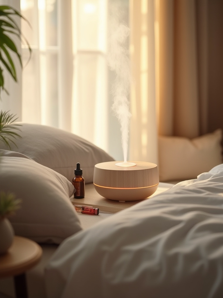 Close-up portrait of a bedroom ultrasonic essential oil diffuser gently emitting calming mist on a wooden nightstand with soft natural light