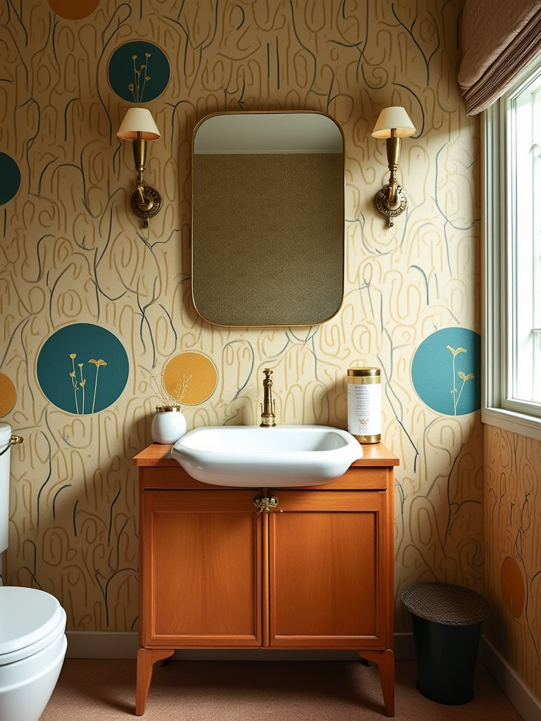 Mid-Century Modern bathroom featuring abstract and organic vintage wallpaper with warm wood vanity and brass fixtures