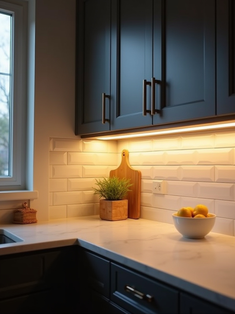 Vertical photo of a rental kitchen countertop illuminated by warm battery-powered under-cabinet LED strip lights under upper cabinets, highlighting backsplash and workspace.
