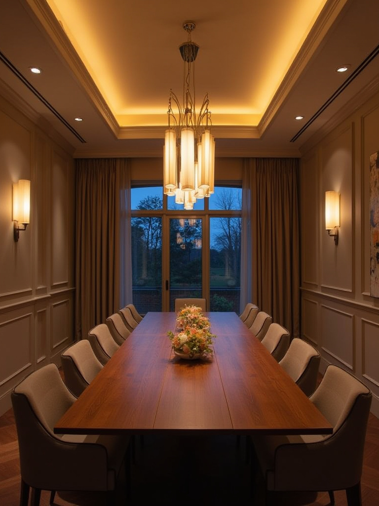 Dining room with layered lighting showing chandelier, pendant lights, and wall sconces.