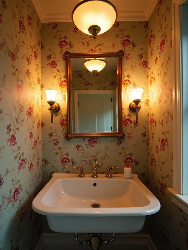 Vintage bathroom interior with period-appropriate warm brass lighting fixtures illuminating detailed vintage floral wallpaper