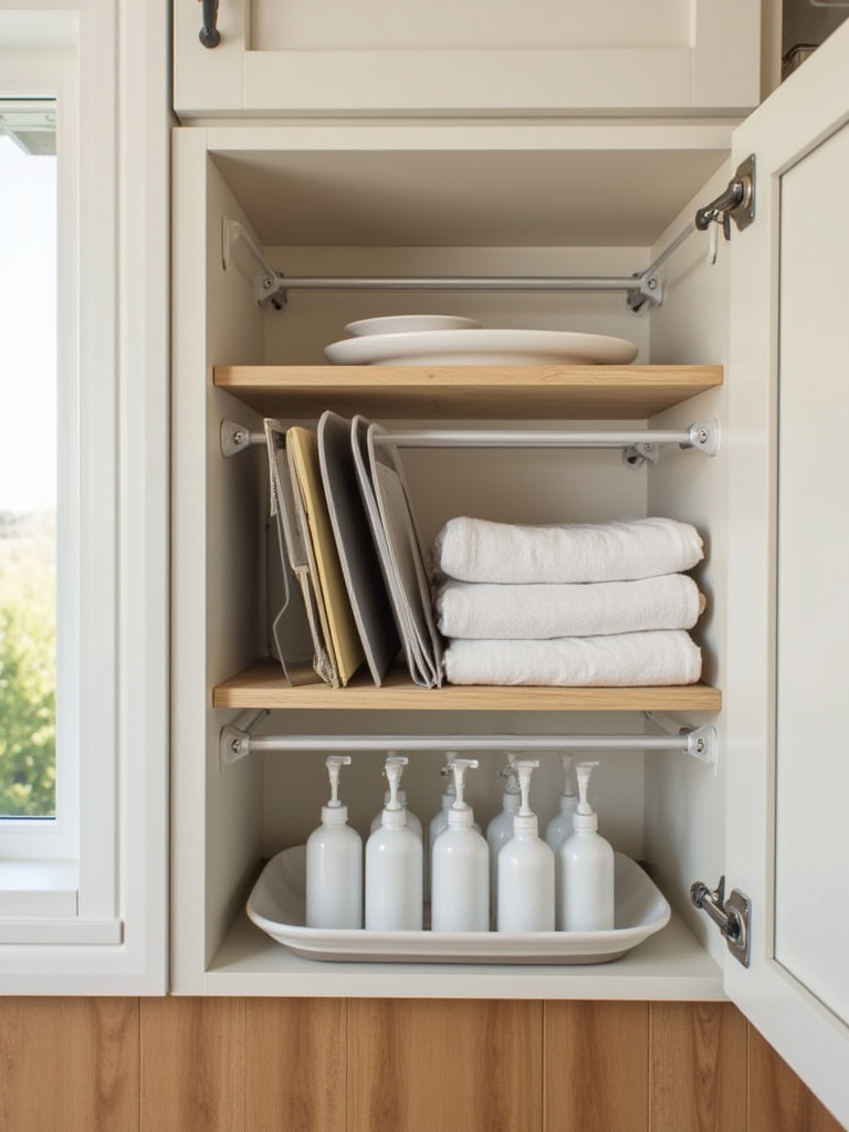 Open kitchen cabinet showing tension rods creating layered storage for cutting boards, towels, and spray bottles