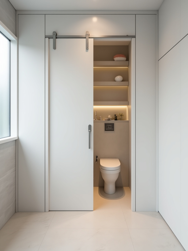 Modern small bathroom with a sleek pocket door sliding into the wall, showcasing maximized floor space and minimalist design