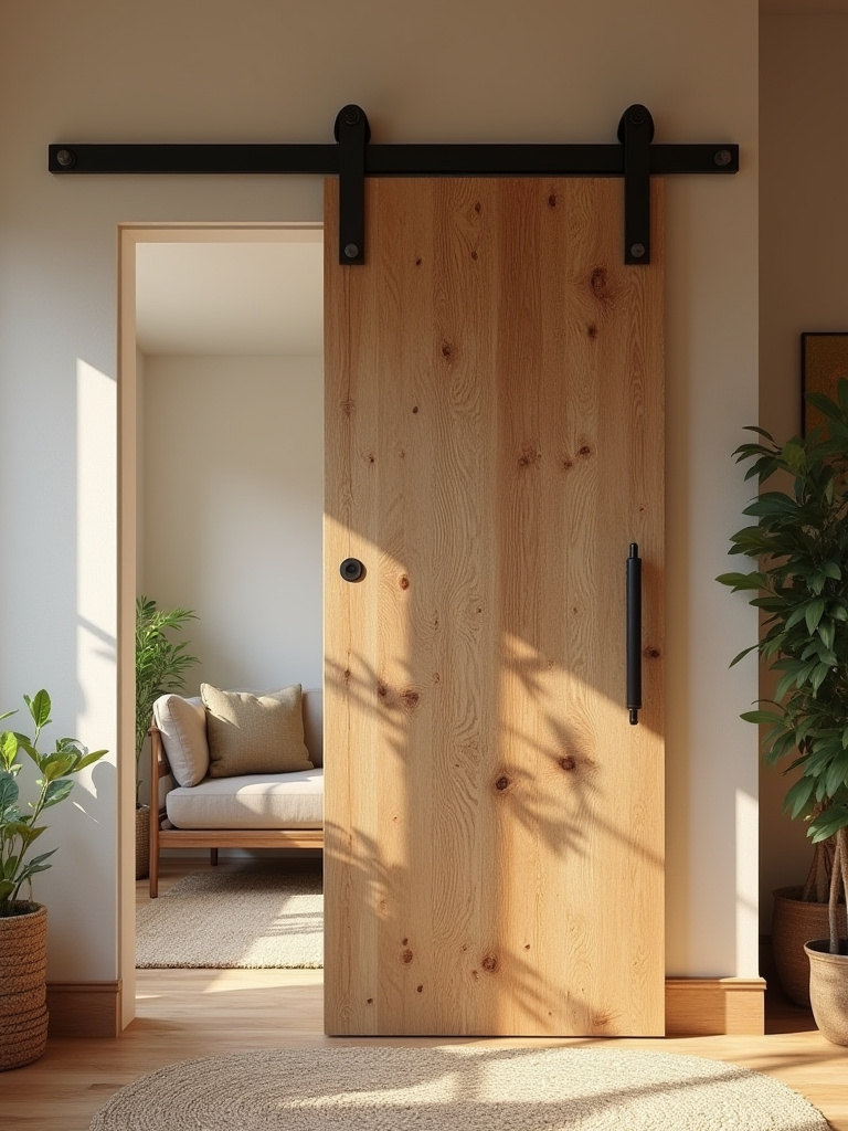 Rustic living room with a sliding barn door on a top-mounted track, warm wood tones, soft daylight
