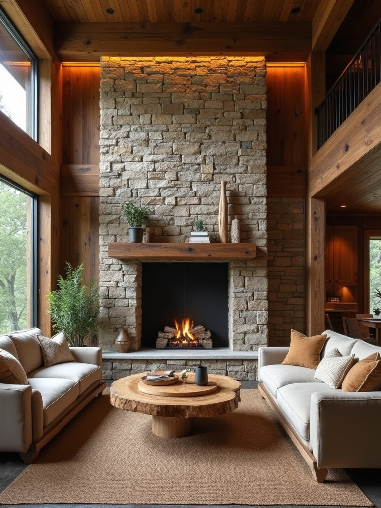 Rustic living room with exposed wood beams and stone fireplace showcasing authentic textures.