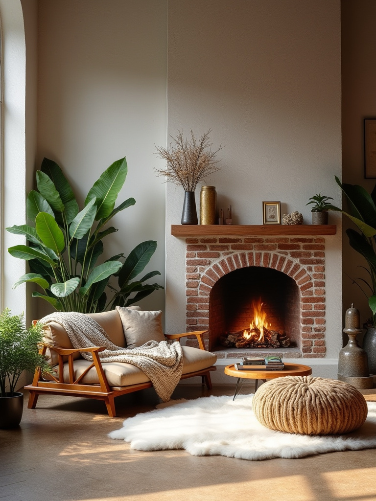 Living room interior with diverse textures including brick fireplace, velvet sofa, sheepskin rug, and brass accents creating rich visual interest