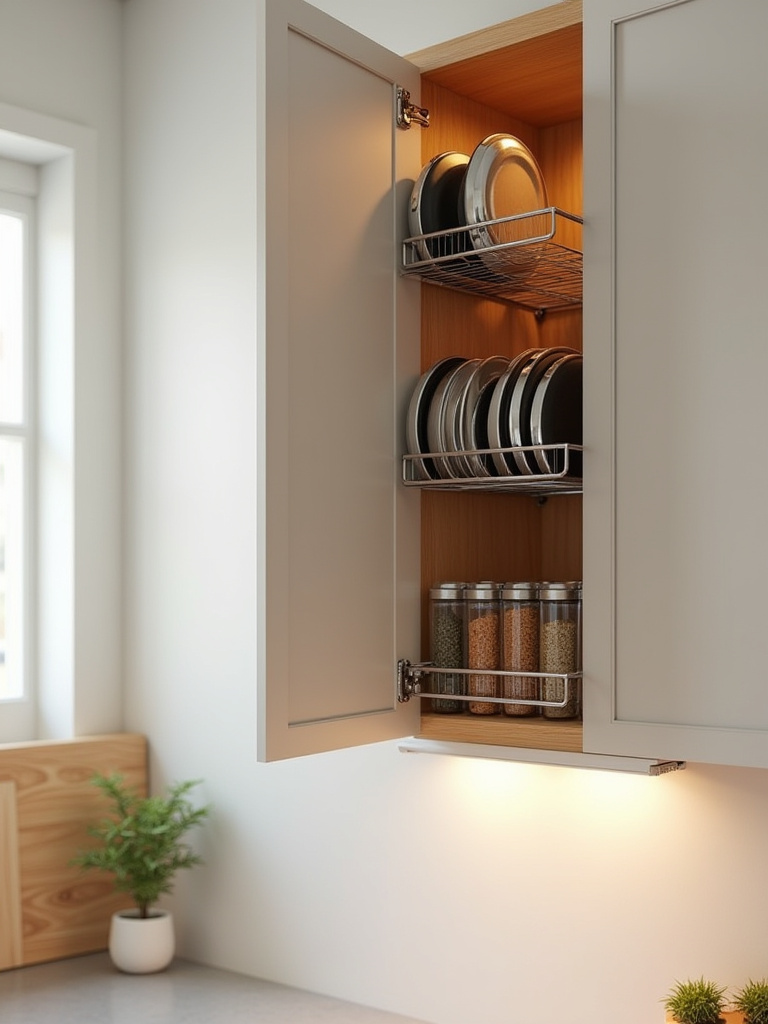 Open kitchen cabinet door with mounted lid rack and tiered spice shelves, neatly organized inside a modern apartment kitchen.