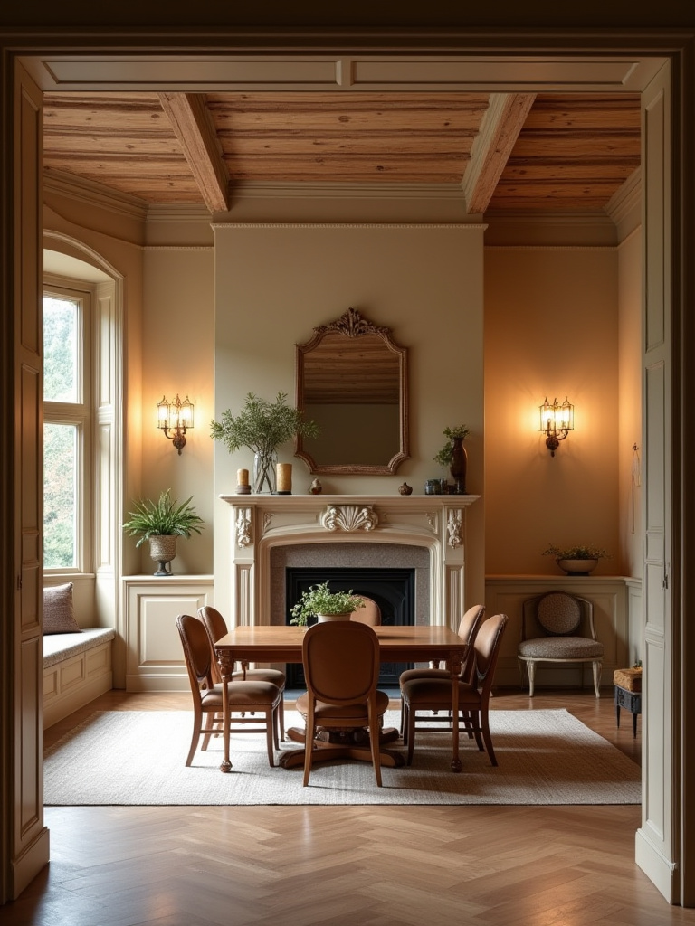 Portrait view of a dining room with integrated architectural features: fireplace, built-in shelves, exposed beams, and a bay window.
