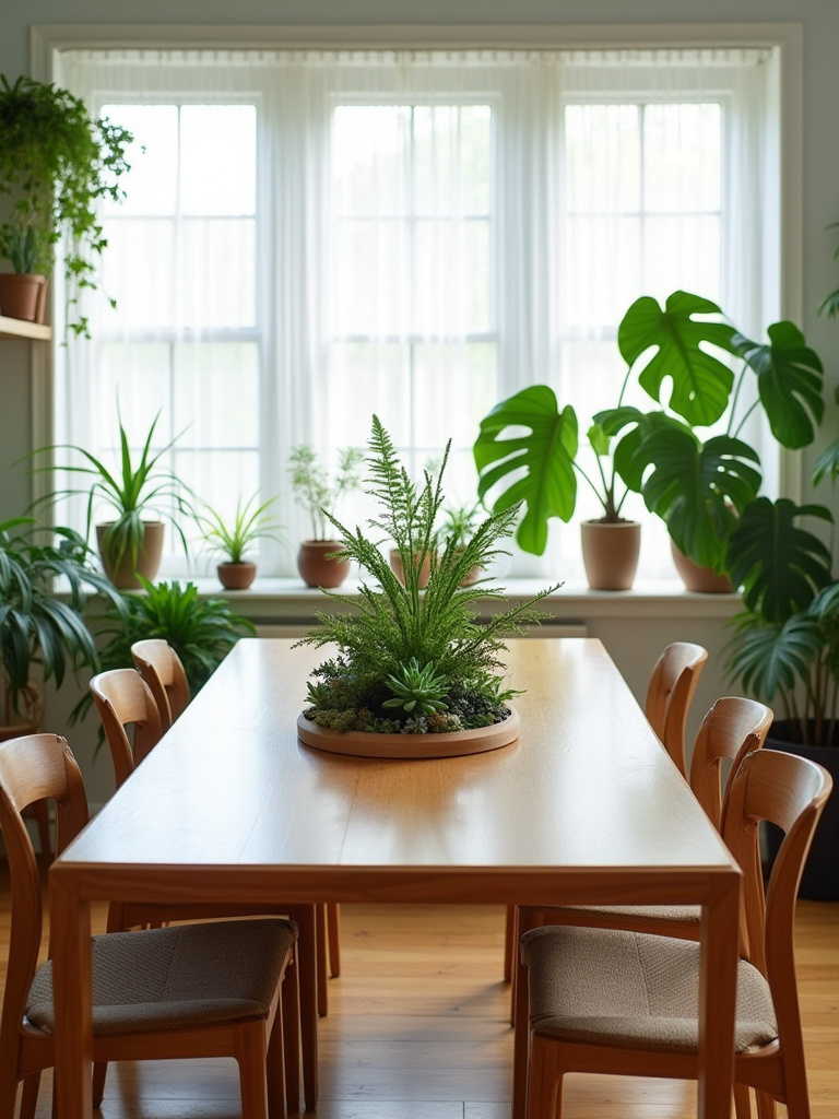 Vertical dining room with lush indoor greenery and natural textures