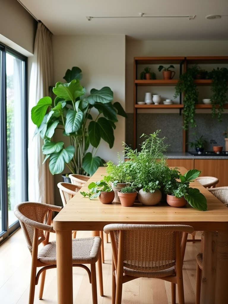 Dining room with a long wooden table, a tall floor plant by the window, and greenery on shelves and centerpiece