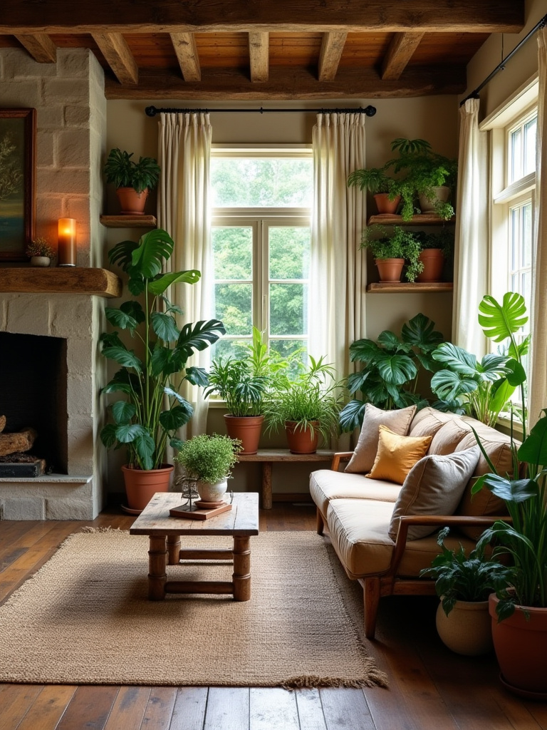 Rustic living room with large greenery plants arranged around a stone fireplace and wooden furniture