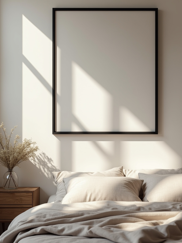 Cozy bedroom wall with a large framed personal photograph above the bed in minimalist black frame, illuminated by soft natural light