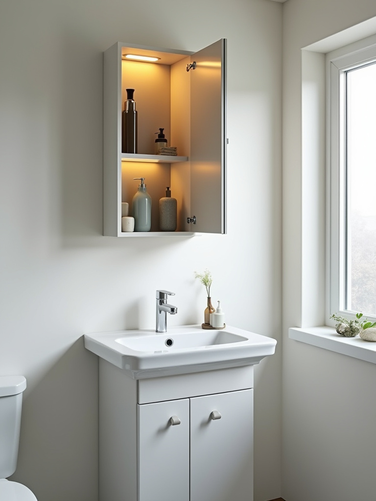 Small modern bathroom featuring recessed medicine cabinet with mirrored door and integrated LED lighting above the vanity