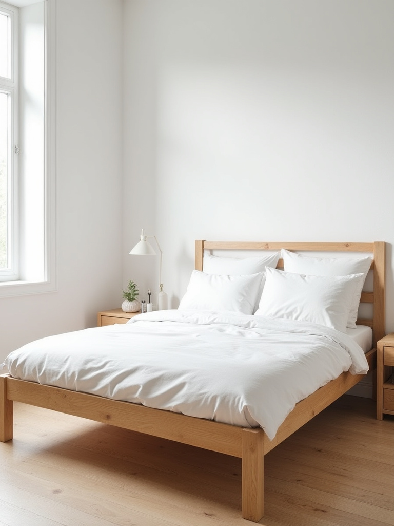Serene white bedroom with natural wood bed frame and wooden nightstands creating warm, organic contrast