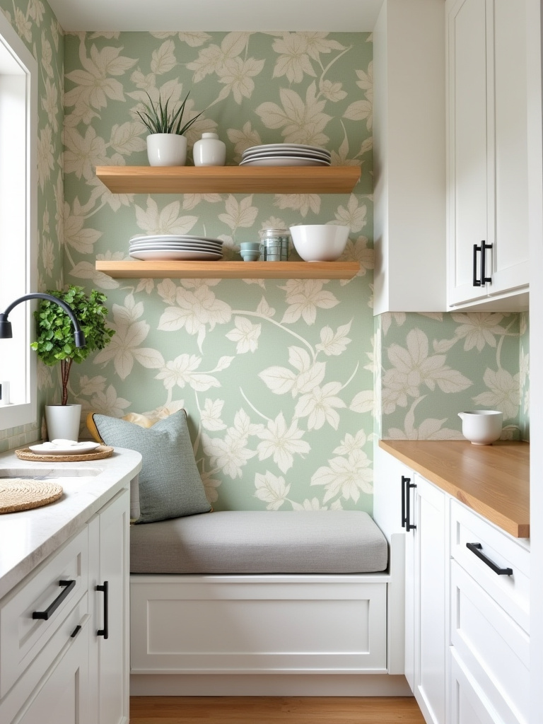 Vertical photo of a rental kitchen accent wall covered in botanical removable wallpaper with white cabinets, wooden countertop, floating shelves, and potted herbs.