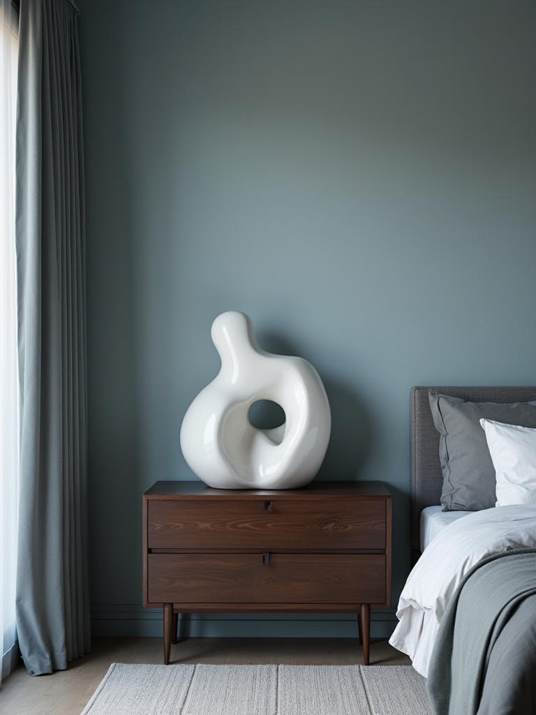 Bedroom corner with dark wood dresser and large white ceramic sculpture against muted blue wall with soft natural lighting