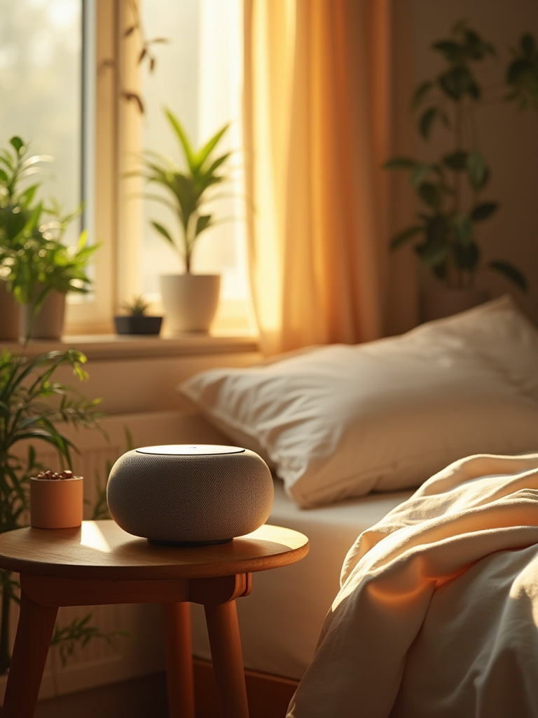Cozy bedroom with a sound machine playing natural soundscapes like rain and ocean waves on a bedside table